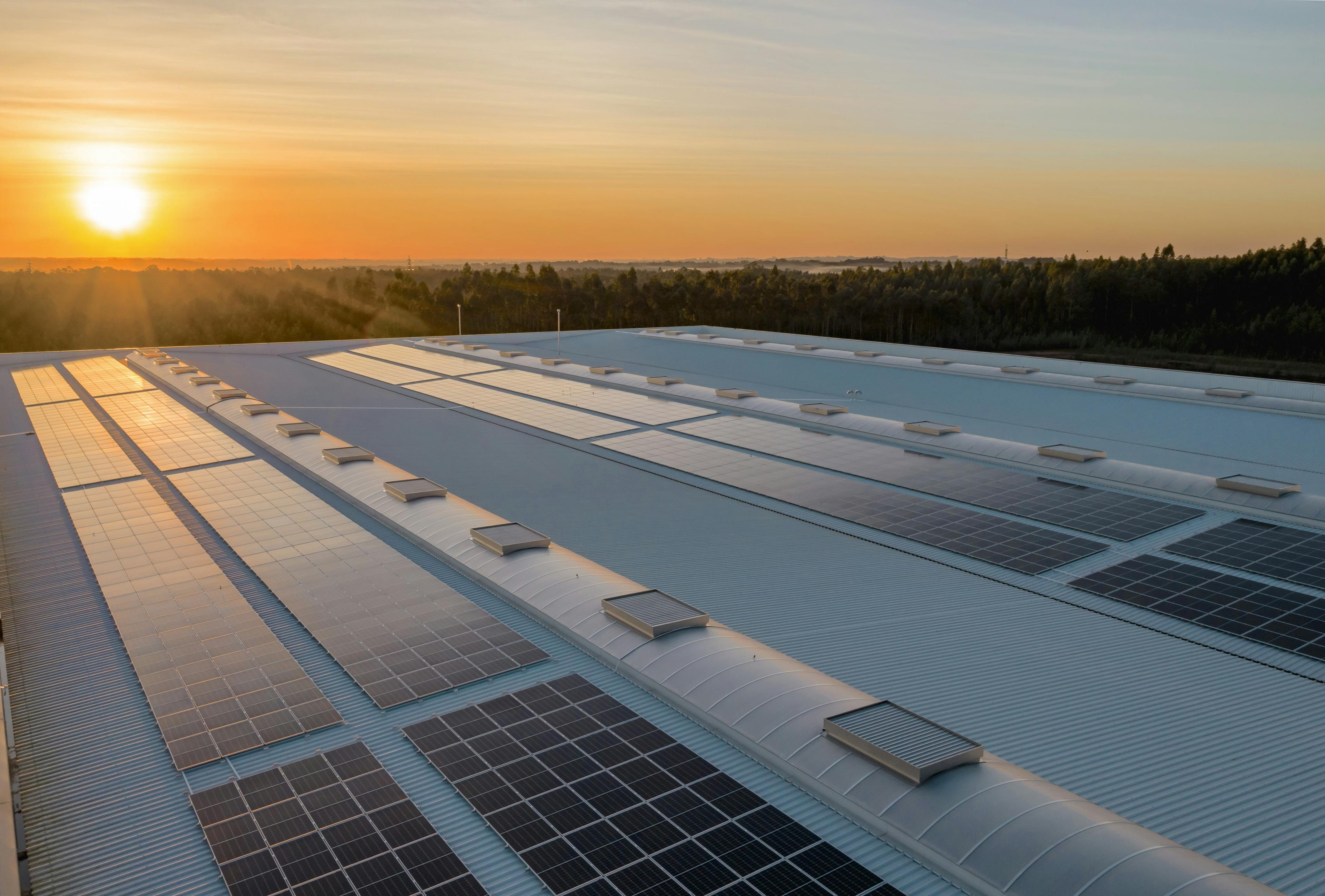 Solar panels installed across a building roof